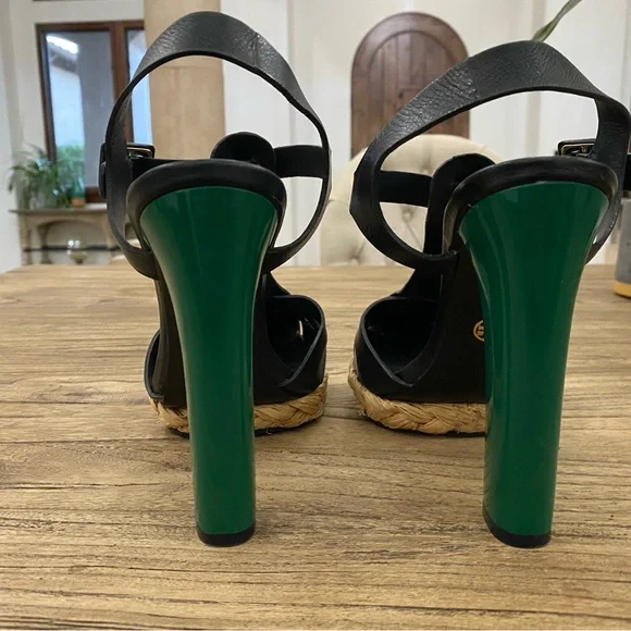 Tory Burch Abella Black Strappy Heels with Green Block Heel - Picture 5 of 7